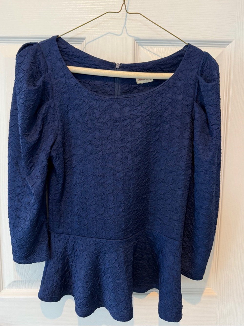 Women's Navy Textured Peplum Long-Sleeve Top